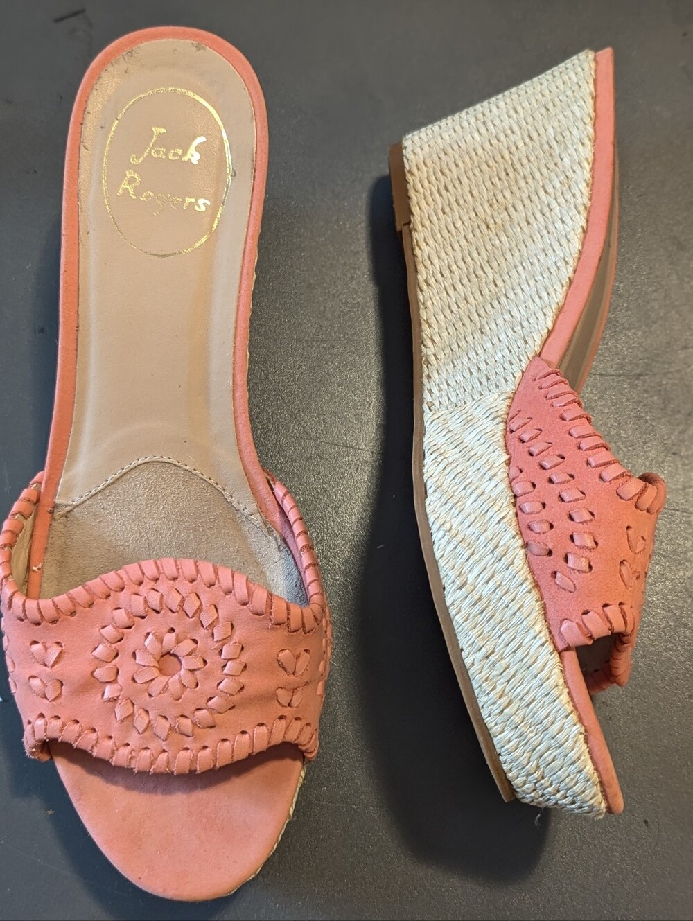 Jack  Rogers Sandals Wmns SzUS 7 M Coral Pink Leather Platform Wedge Slides